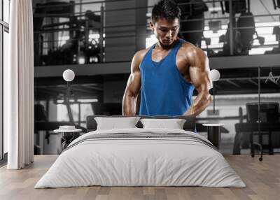 Muscular man working out in gym doing exercises for biceps, strong male Wall mural