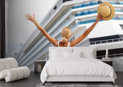 Woman tourist standing in front of big cruise liner, travel female Wall mural