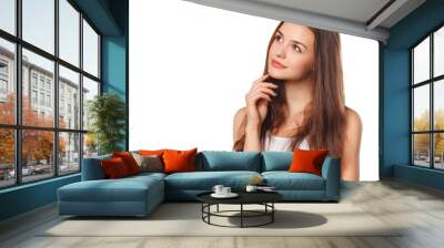 young beautiful woman thinking looking to the side at blank copy space, isolated over white backgrou Wall mural