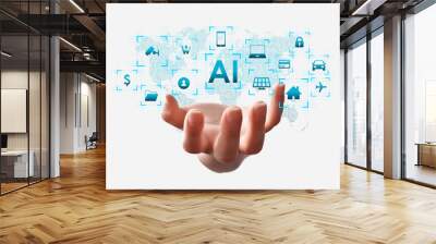 Artificial intelligence concept (AI), hand holding AI text logo, surrounded with conceptual vector icons on white background Wall mural