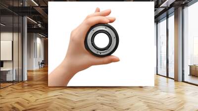 Hand holding camera lens on white background Wall mural