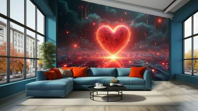 A glowing, digital heart made of interconnected nodes and lines pulses with vibrant energy against a dark, futuristic background, symbolizing love and technology. Wall mural