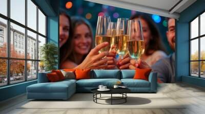 A joyful group of friends clinks champagne glasses together under festive lights, celebrating a special moment with laughter and cheer. Wall mural