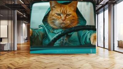 A cat in a car driving. Generative AI. Wall mural