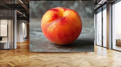 A peach with water droplets on it sitting in a stone. AI. Wall mural