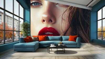 A portrait of a woman with sexy red lips and wavy hair close up. Wall mural