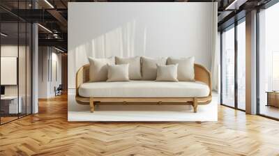 A white couch with a wooden frame and pillows on it. AI. Wall mural