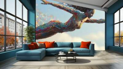 A woman flying through the air with colorful paint. Generative AI. Wall mural