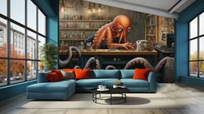 An octopus is working on a computer in a laboratory. Generative AI. Wall mural