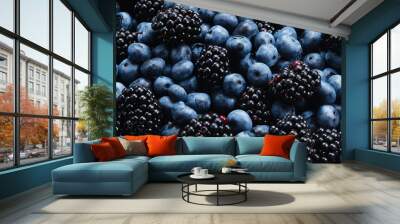 Blackberry and  blueberry background. Top view. Wall mural