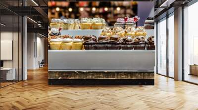 Cakes in the bakery window. Rich variety of chocolates and candies in display window of pastry shop. Cookies showcase Wall mural