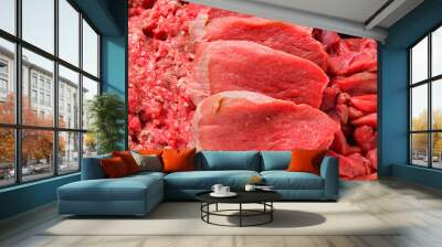 Different types of raw veal background. Slices, minced meat, beef stroganoff. Wall mural