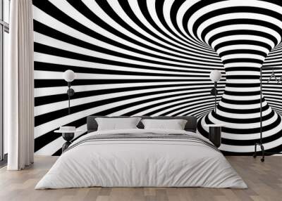 black and white twisted curved lines forming torus horizontal background, optical illusion. 3d rende Wall mural