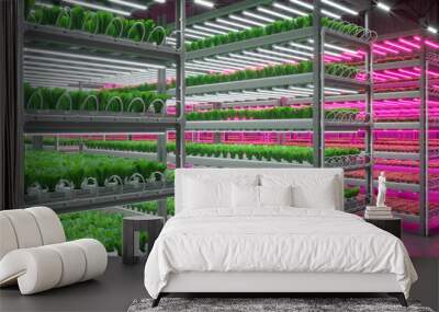 Hydroponic indoor vegetable plant factory in exhibition space warehouse. Interior of the farm hydroponics. Green salad farm in hydroponics. Lettuce Roman with led lightning. Concrete floor. 3D render Wall mural