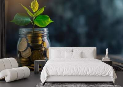 Green money plant in a glass jar with stacks of coins. Wall mural