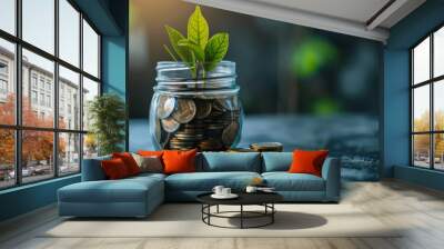 Green money plant in a glass jar with stacks of coins. Wall mural