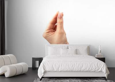 Hand of a woman holds some tiny or thin object. Wall mural