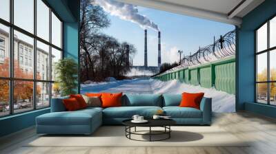 industrial chimney and barbed wire Wall mural