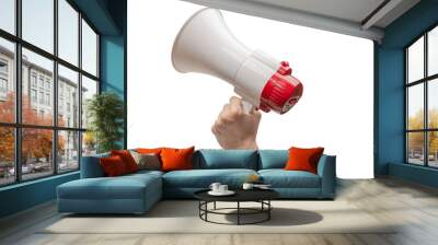 Megaphone in woman hands on a white background. Wall mural