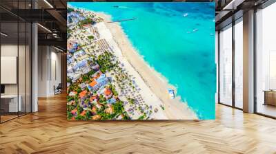 Aerial drone view of beautiful caribbean tropical beach with palms and boats. Bavaro, Punta Cana, Dominican Republic. Vacation background. Wall mural