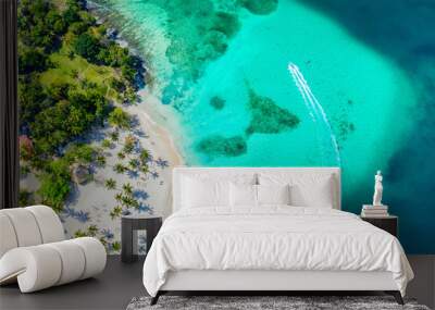 Aerial drone view of beautiful caribbean tropical island Cayo Levantado beach with palms and boat. Bacardi Island, Dominican Republic. Vacation background. Wall mural