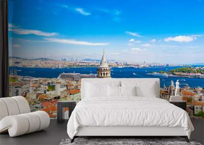 Aerial drone view of Galata Tower with cruise liner in Istanbul, Turkey. Summer sunny day Wall mural