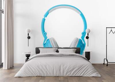 Blue modern wireless headphones isolated on a white background Wall mural