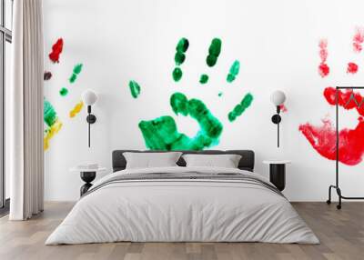 Collection of colorful child hand prints isolated on white background. Watercolor paints. Children paint traces from hands and fingers. Paint abstraction Wall mural