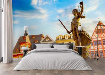 Old town square Romerberg with Justitia statue in Frankfurt Main, Germany with blue sky Wall mural