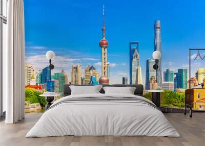 Shanghai pudong skyline with historical Waibaidu bridge, China during summer sunny day Wall mural