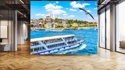 Touristic sightseeing ships in Golden Horn bay of Istanbul and view on Suleymaniye mosque with Sultanahmet district. Seagull on the foreground. Istanbul, Turkey during sunny summer day. Wall mural