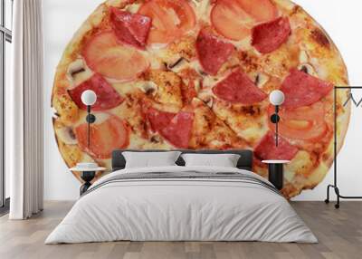 Pizza with salami, mashrooms and tomato. Top view. Isolated on white Wall mural