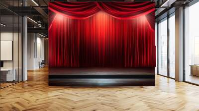 Stage in a theatre. Theater red velvet curtains. Wall mural