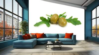 Two olives, piece of lemon and leaves of arugula isolated on white Wall mural