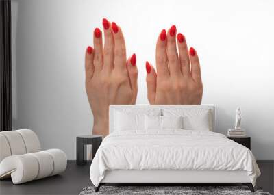 Woman hands with red nails shows frame symbol isolated on white background. Wall mural