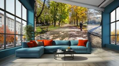 Four seasons concept. The effect of the 4 seasons on the urban environment. Four pictures of one place captured during one year and seamlessly blended in one photography composite. Wall mural