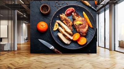 Meat steak fried in fruits, bbq Wall mural