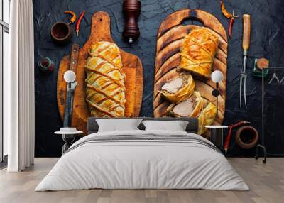 Wellington pork, pork tenderloin baked with mushrooms in puff pastry. Wall mural