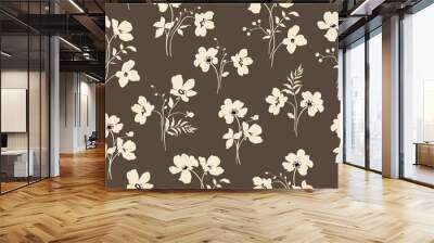 Floral seamless pattern with tender abstract plants of flowers and leaves ivory color. Vector illustration on brown background in vintage style. Wall mural