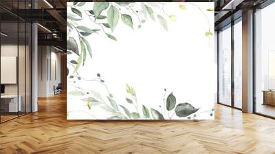 Foliage hand painted card, delicate green leaves isolated on white background, floral nature banner for wedding, wallpaper, invitation or greeting card. Watercolor frame with abstract green plants. Wall mural