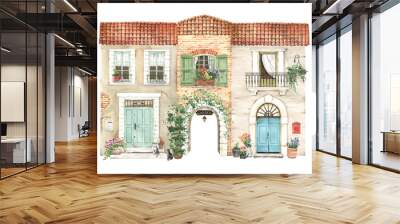 Houses in Provence style, watercolor illustration of beautiful vintage facades with decorations of plants in pots, flowers, cats, mail boxes and arch in garden. Hand painting poster, print, wallpaper. Wall mural