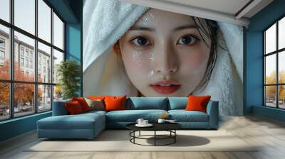 A beautiful Japanese woman, with delicate skin texture, has a white towel... Wall mural