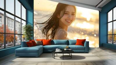 A beautiful Japanese woman with long hair in a white dress standing on the beach Wall mural