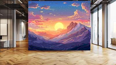 A beautiful mountain landscape at sunset, with the sun setting behind... Wall mural