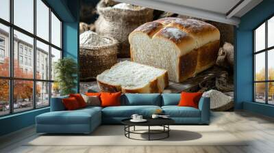 A photograph of sliced white bread, with the front slice slightly... Wall mural