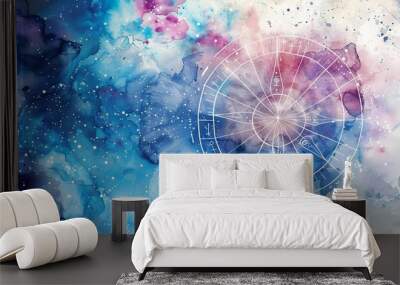 Abstract cosmic watercolor with celestial star map and galaxy. Wall mural