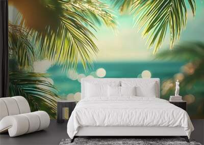 Beautiful, blurred background of an exotic beach with palm trees and the sea... Wall mural