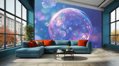 Blue background with purple bubbles, bubbles floating in the air, cute... Wall mural