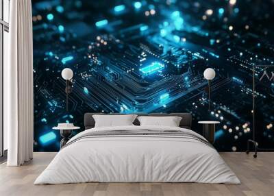 Close-up of illuminated microchip on a futuristic circuit board Wall mural