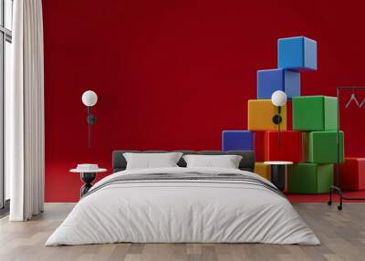 Colorful building blocks isolated on a red background. isolated. Ultra... Wall mural